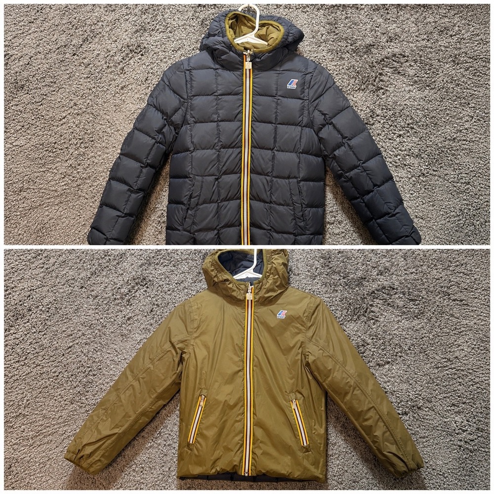 K-Way Jacques Thermo Plus Double Jacket Boys 10 Navy Olive MSRP $250 Reversible